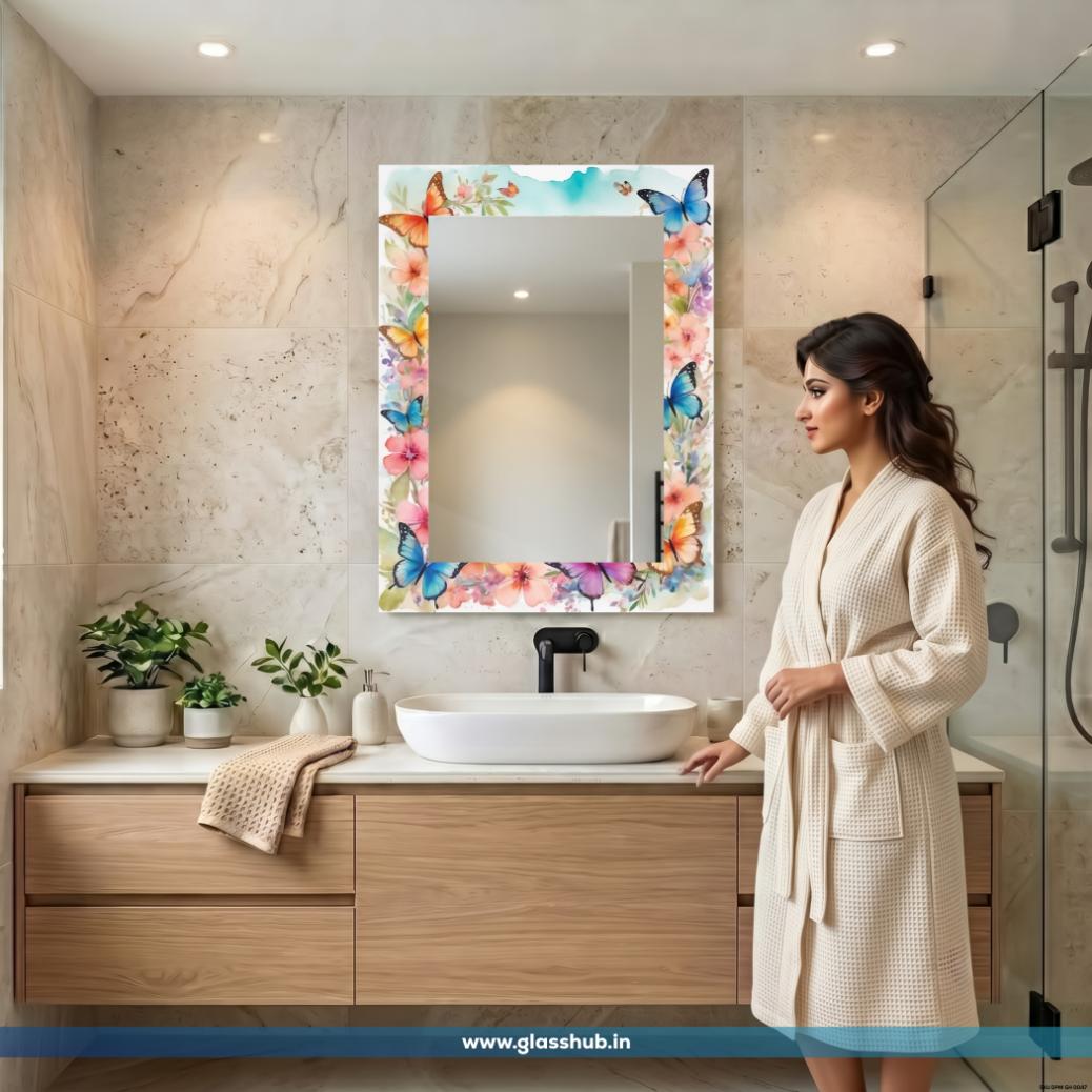 Floral Butterfly Decorative Bathroom Vanity Wall Mirror – Colourful Flower Design