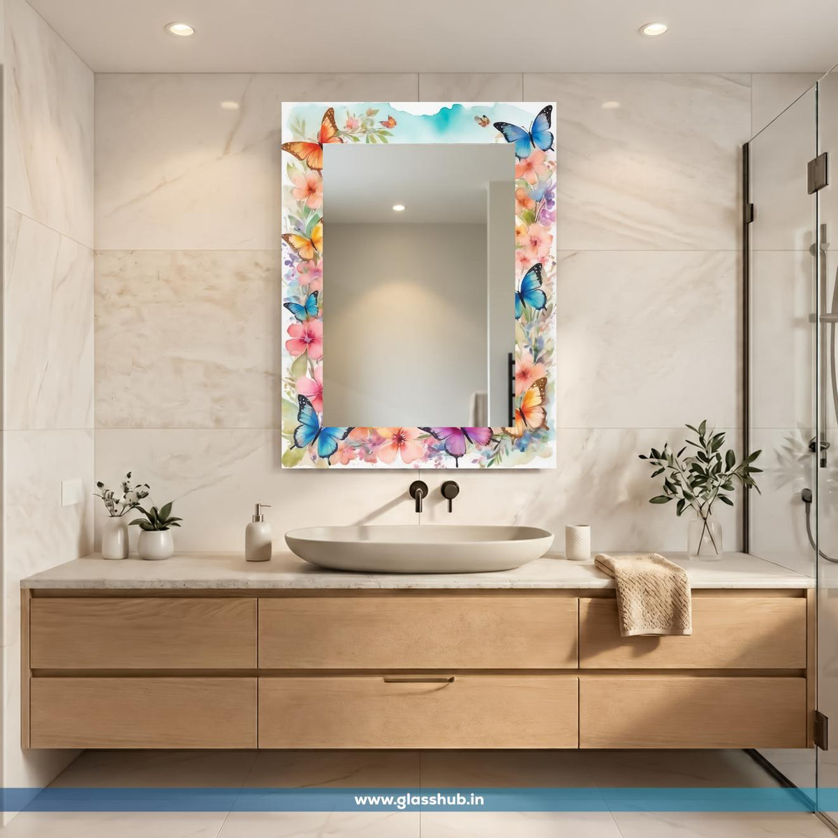 Floral Butterfly Decorative Bathroom Vanity Wall Mirror – Colourful Flower Design