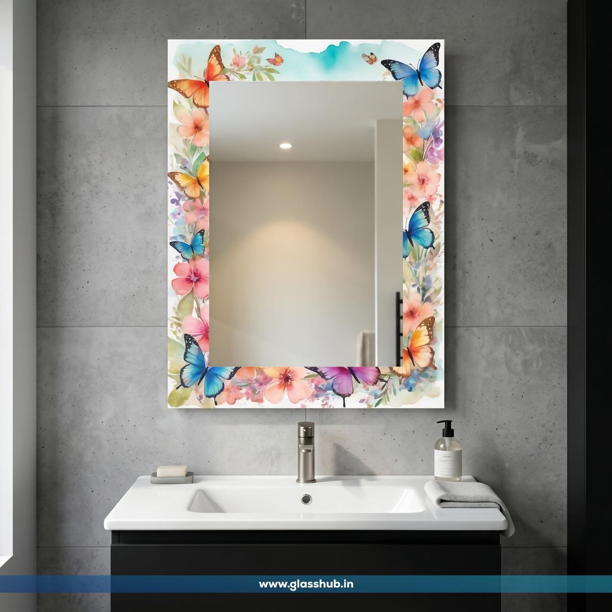 Floral Butterfly Decorative Bathroom Vanity Wall Mirror – Colourful Flower Design