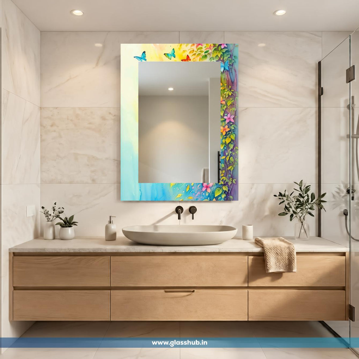 Colorful Butterfly & Floral Frame Bathroom Vanity Wall Mirror