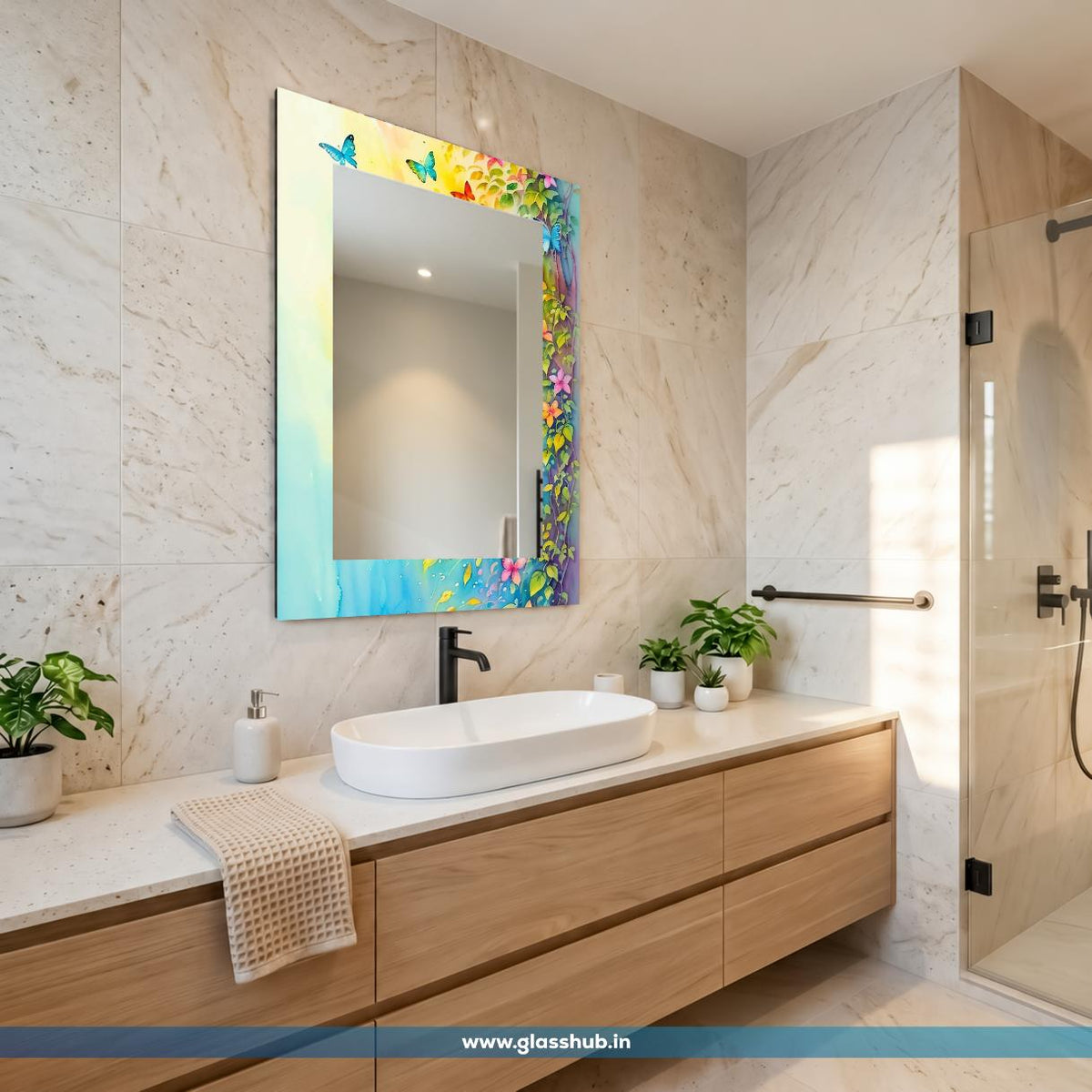 Colorful Butterfly & Floral Frame Bathroom Vanity Wall Mirror