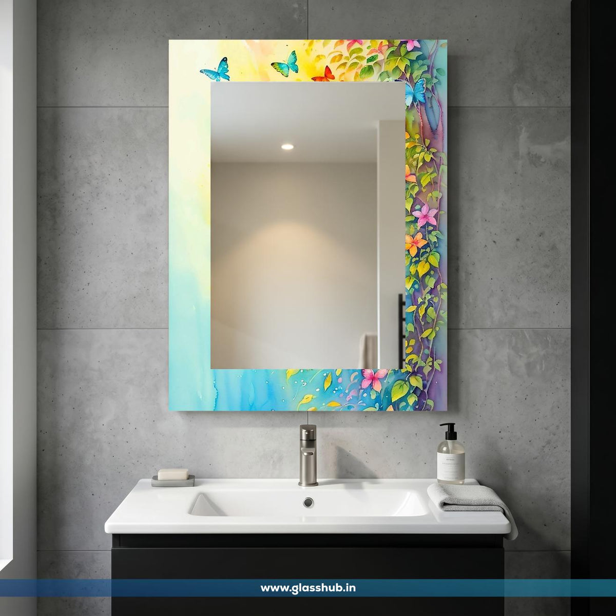 Colorful Butterfly & Floral Frame Bathroom Vanity Wall Mirror