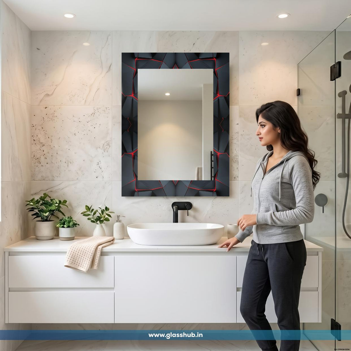 Modern 3D Geometric Matte Charcoal Vanity Mirror with Fiery Red Crevice Accents – Rectangular Wall-Mounted Bathroom Mirror