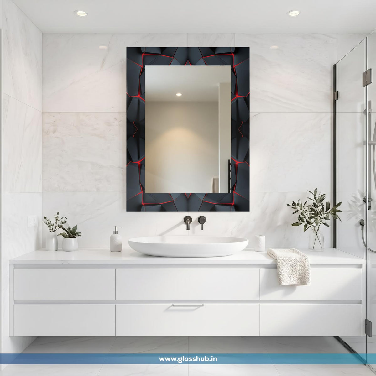 Modern 3D Geometric Matte Charcoal Vanity Mirror with Fiery Red Crevice Accents – Rectangular Wall-Mounted Bathroom Mirror