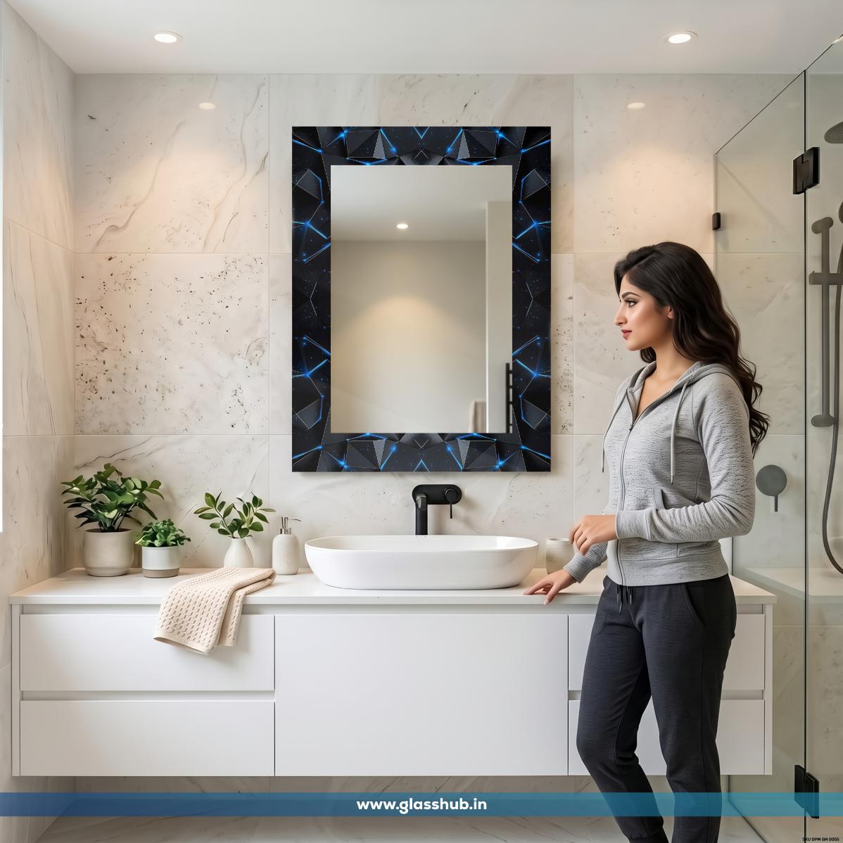 Modern 3D Geometric Obsidian Black Vanity Mirror with Electric Blue Cosmic Accents – Rectangular Wall-Mounted Bathroom Mirror