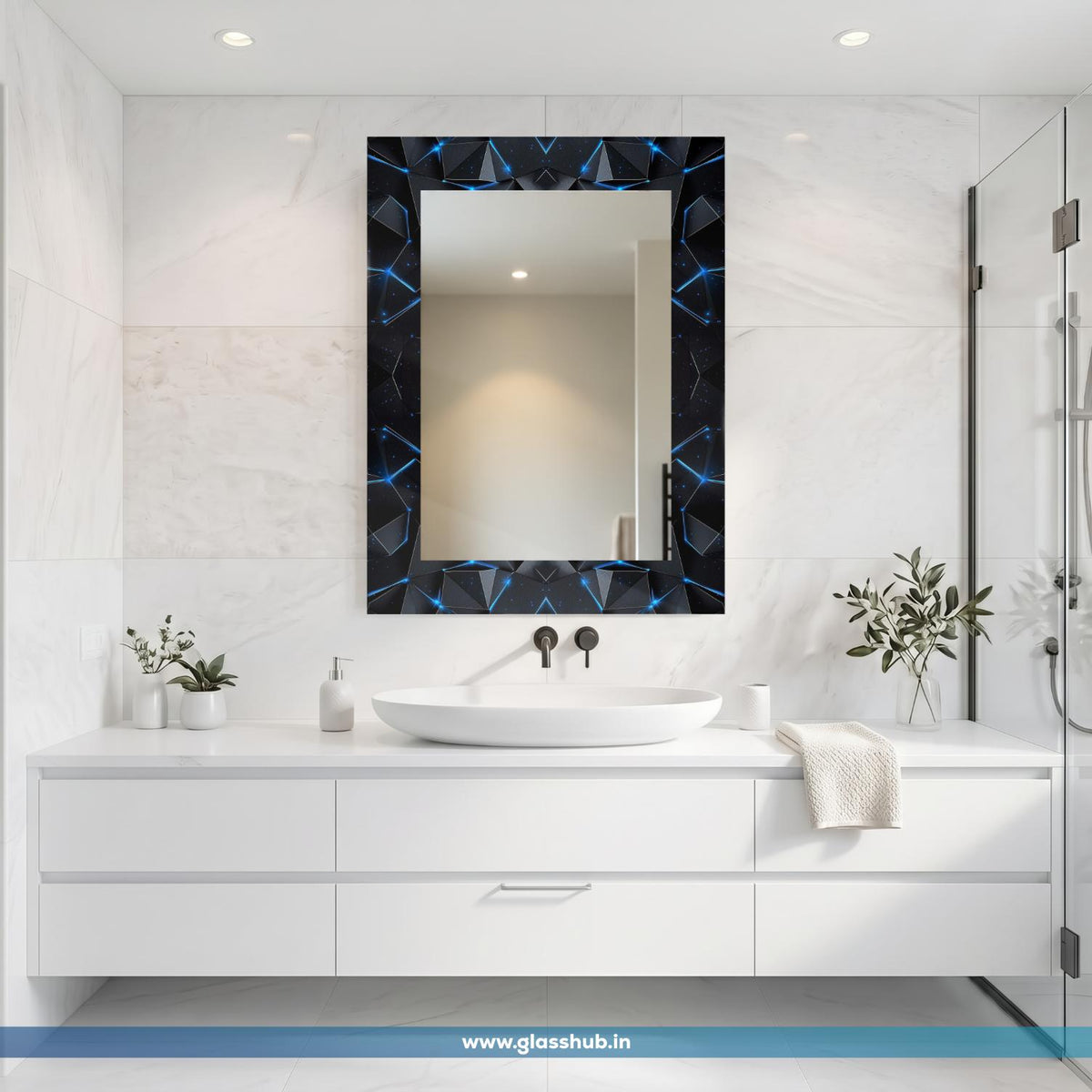 Modern 3D Geometric Obsidian Black Vanity Mirror with Electric Blue Cosmic Accents – Rectangular Wall-Mounted Bathroom Mirror