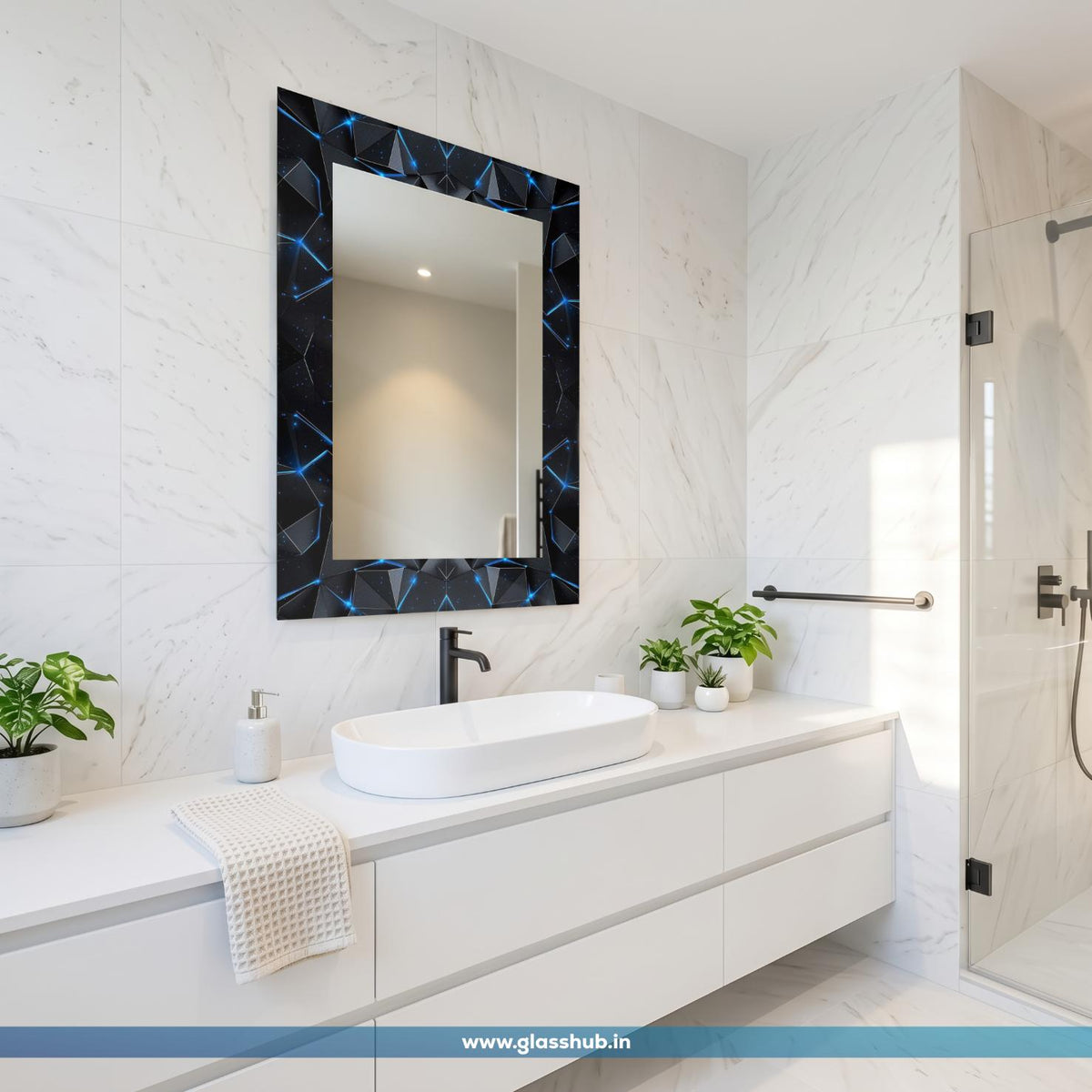 Modern 3D Geometric Obsidian Black Vanity Mirror with Electric Blue Cosmic Accents – Rectangular Wall-Mounted Bathroom Mirror
