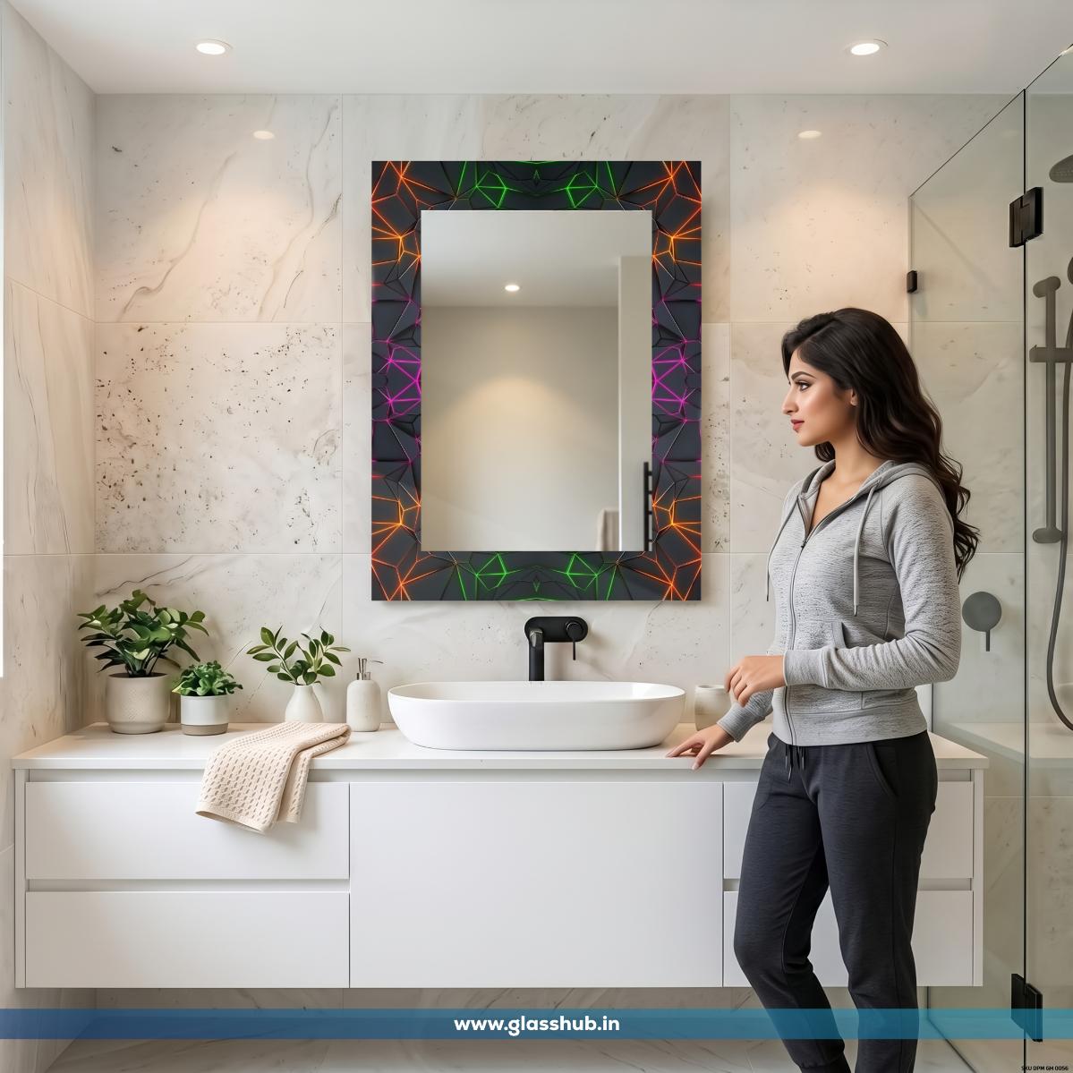 Modern 3D Geometric Obsidian Vanity Mirror with Neon Multi-Color Crevice Accents – Rectangular Wall-Mounted Bathroom Mirror