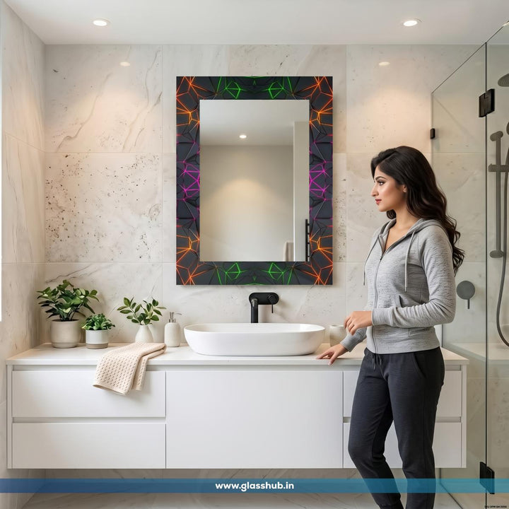 Modern 3D Geometric Obsidian Vanity Mirror with Neon Multi-Color Crevice Accents, Rectangular Wall-Mounted Bathroom Mirror