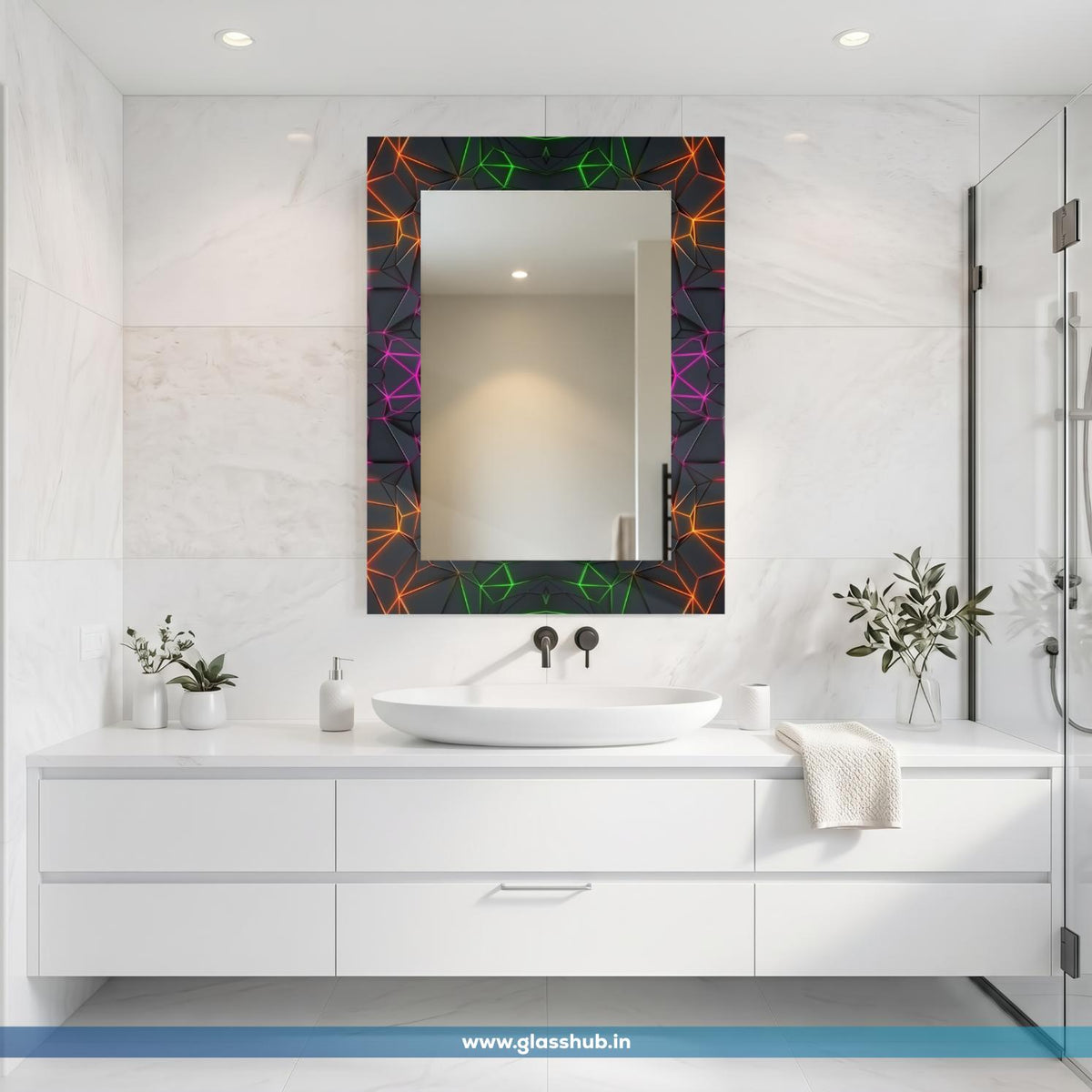 Modern 3D Geometric Obsidian Vanity Mirror with Neon Multi-Color Crevice Accents – Rectangular Wall-Mounted Bathroom Mirror