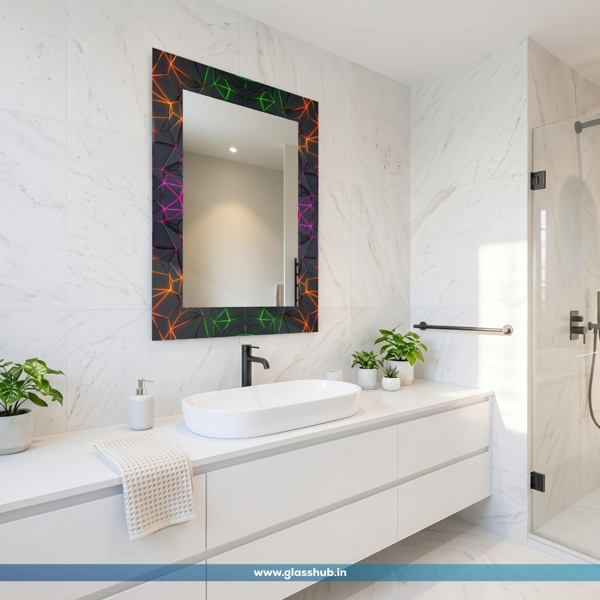Modern 3D Geometric Obsidian Vanity Mirror with Neon Multi-Color Crevice Accents – Rectangular Wall-Mounted Bathroom Mirror