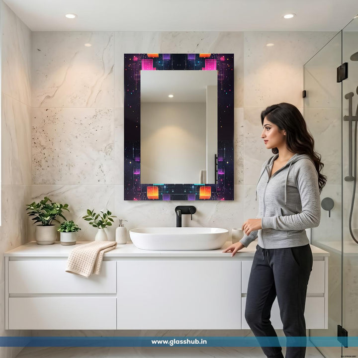 Modern Futuristic Cyber Cube Vanity Mirror with Neon Glow Geometric Digital Art Frame, Rectangular Wall-Mounted Bathroom Mirror
