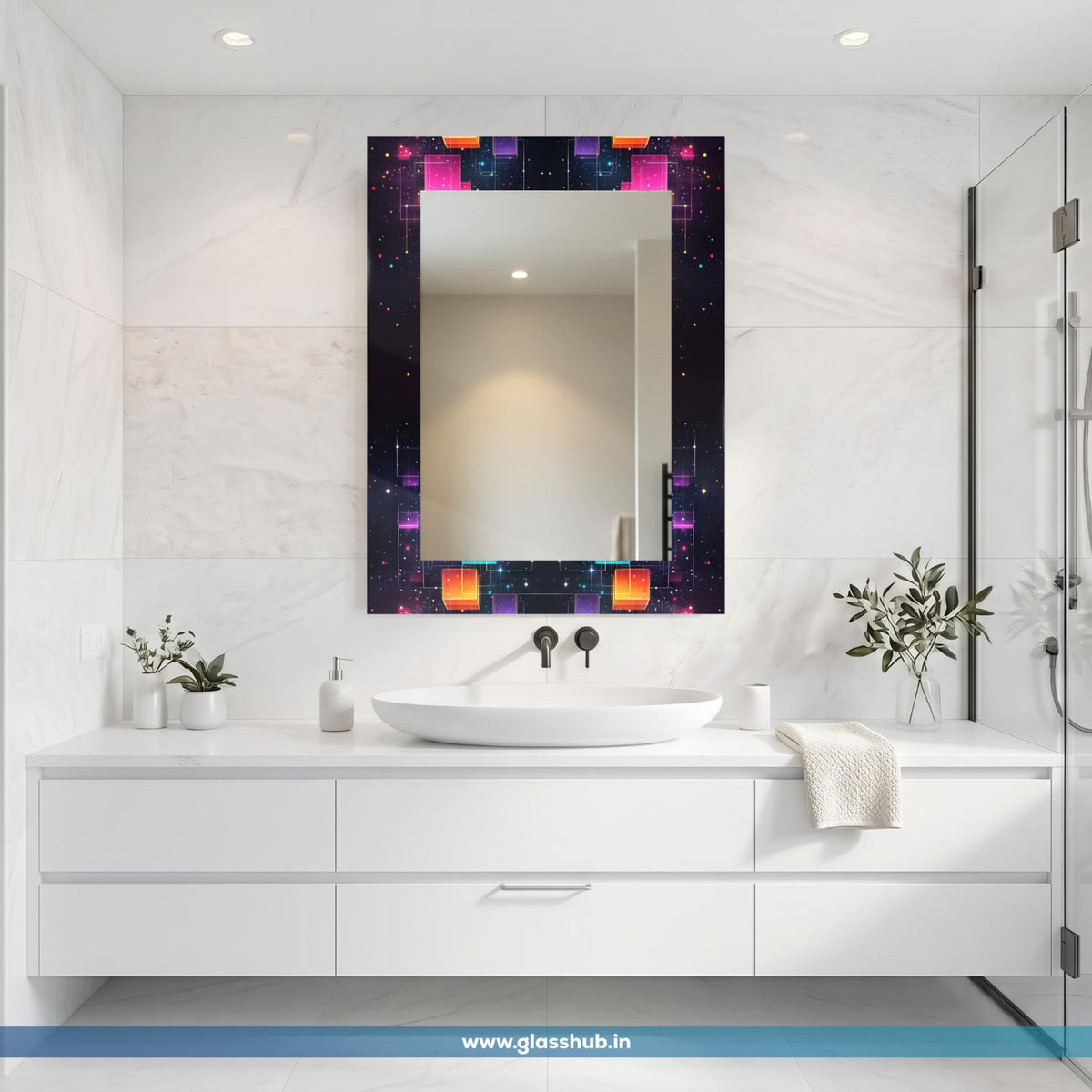 Modern Futuristic Cyber Cube Vanity Mirror with Neon Glow Geometric Digital Art Frame – Rectangular Wall-Mounted Bathroom Mirror