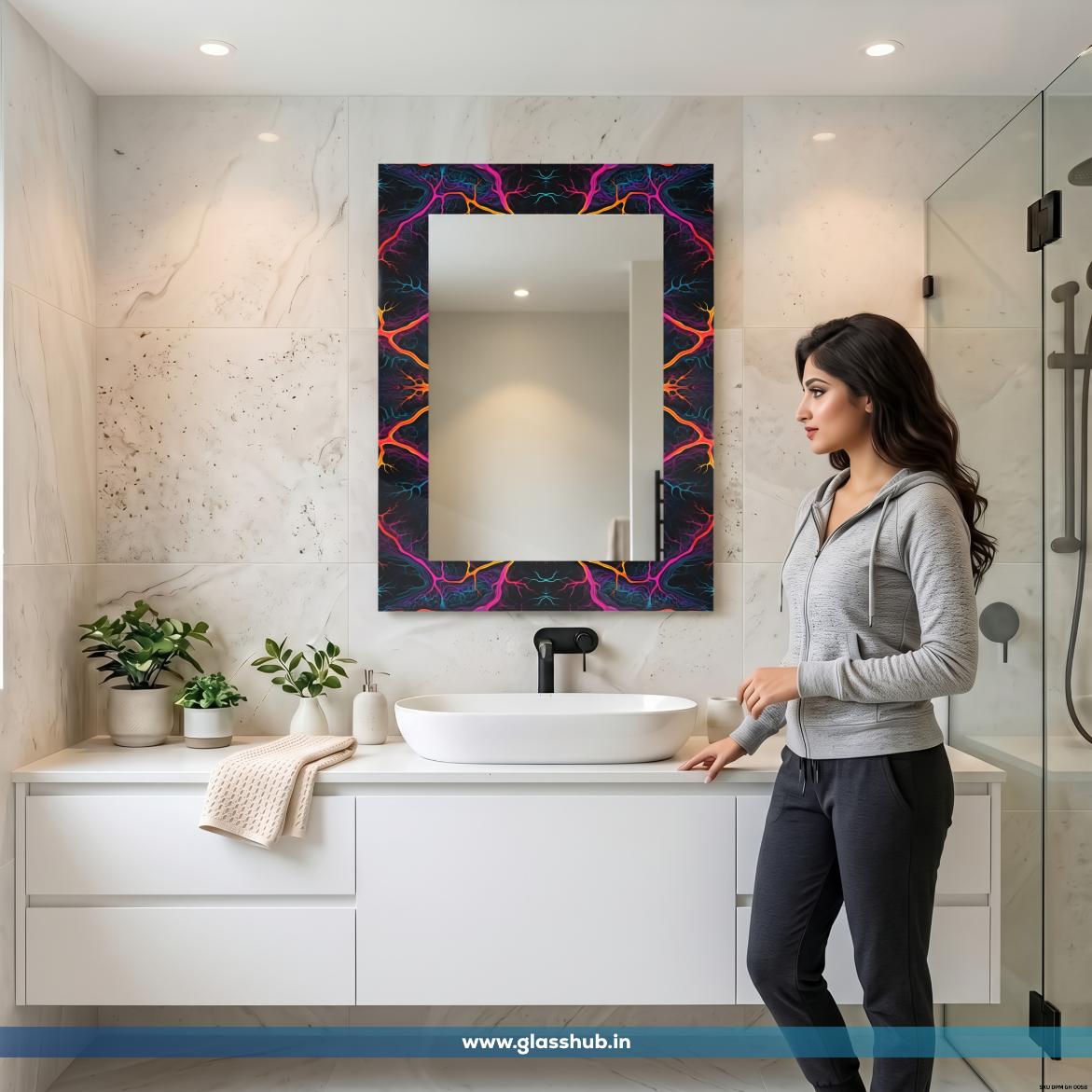 Modern Abstract Bioluminescent Neural Art Vanity Mirror with Multi-Color Lightning Flame Frame – Rectangular Wall-Mounted Bathroom Mirror