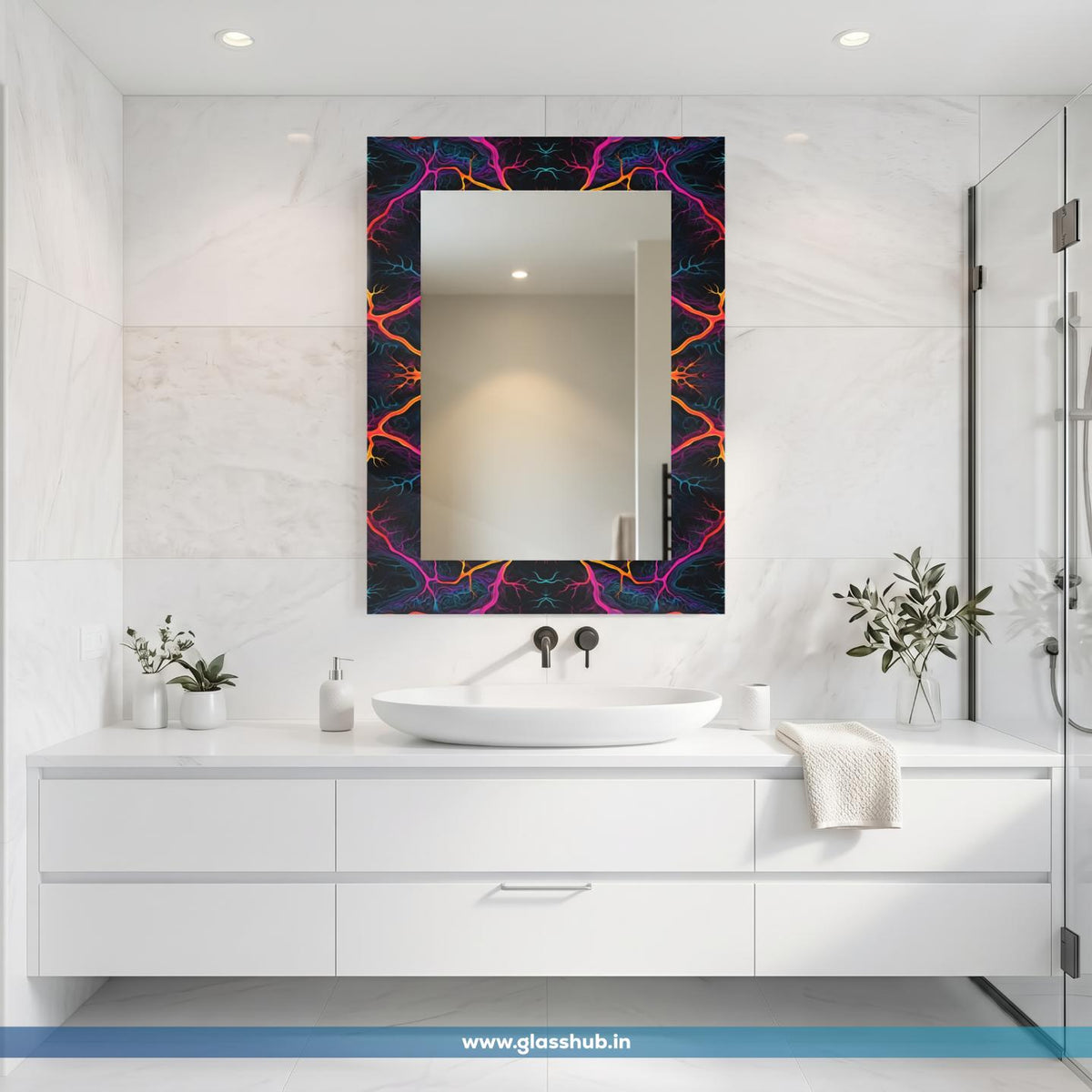 Modern Abstract Bioluminescent Neural Art Vanity Mirror with Multi-Color Lightning Flame Frame – Rectangular Wall-Mounted Bathroom Mirror