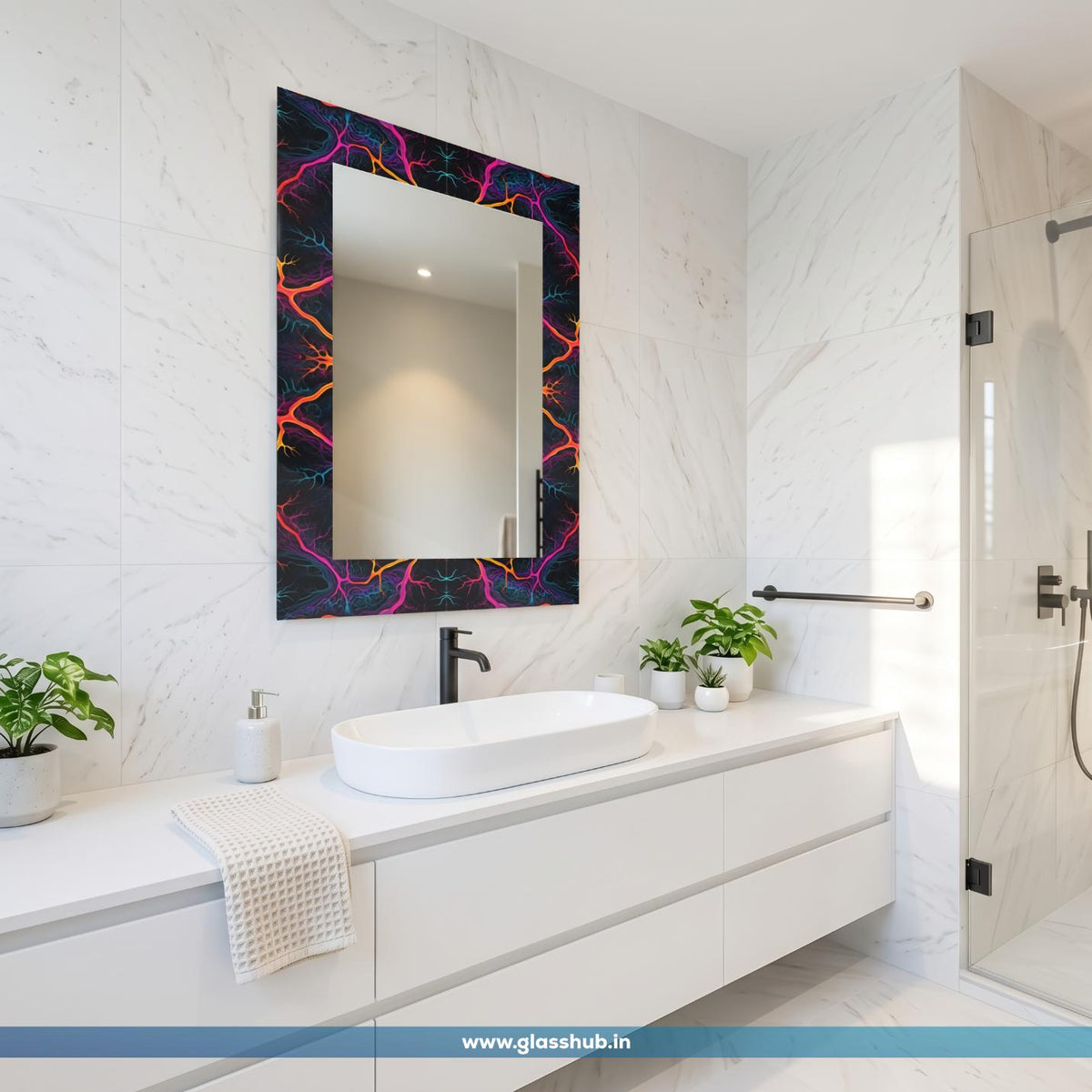Modern Abstract Bioluminescent Neural Art Vanity Mirror with Multi-Color Lightning Flame Frame – Rectangular Wall-Mounted Bathroom Mirror