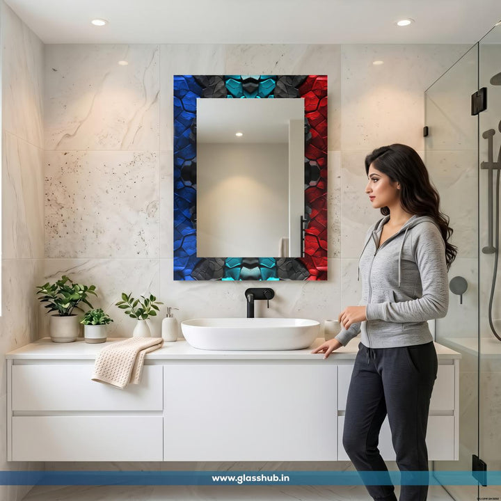 Modern 3D Textured Dual-Tone Vanity Mirror with Royal Blue, Crimson Red and Charcoal Geometric Accents, Rectangular Wall-Mounted Bathroom Mirror