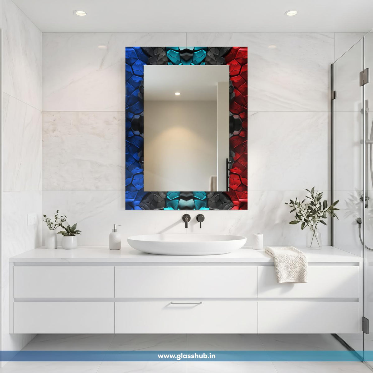 Modern 3D Textured Dual-Tone Vanity Mirror with Royal Blue, Crimson Red and Charcoal Geometric Accents – Rectangular Wall-Mounted Bathroom Mirror