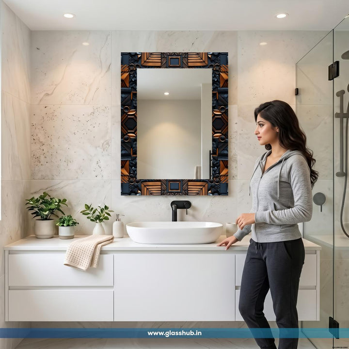 Luxury Modern Bathroom Vanity Wall Mirror, 3D Geometric Sculpted Frame in Metallic Bronze