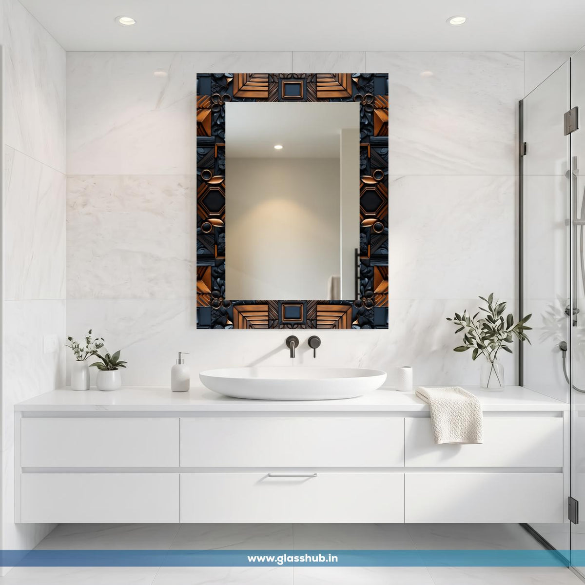 Luxury Modern Bathroom Vanity Wall Mirror – 3D Geometric Sculpted Frame in Metallic Bronze