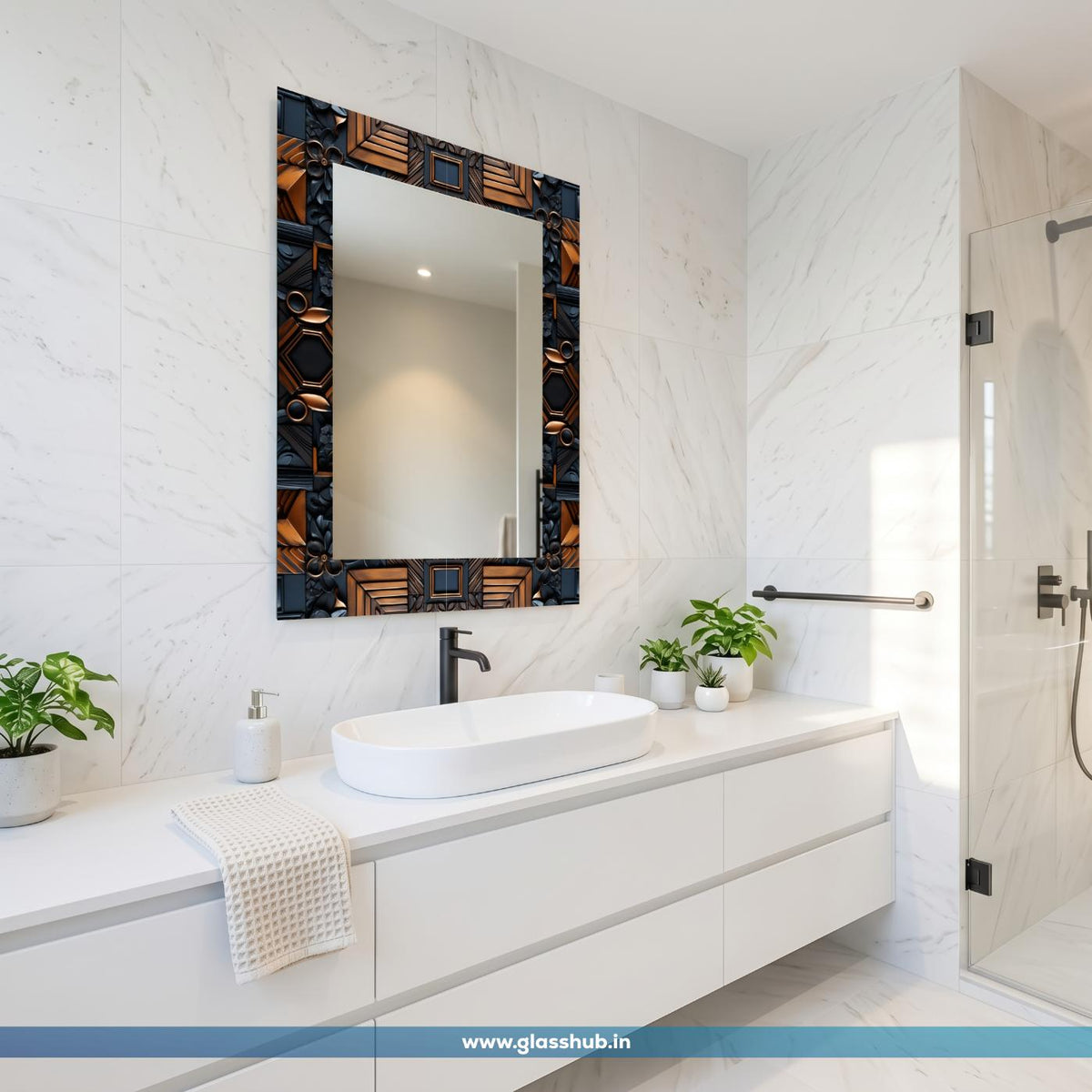Luxury Modern Bathroom Vanity Wall Mirror – 3D Geometric Sculpted Frame in Metallic Bronze