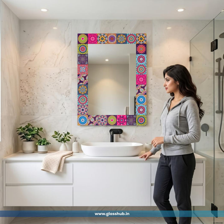 Modern Rectangular Bathroom Vanity Wall Mirror with Colourful Mandala & Bohemian Mosaic Printed Fram