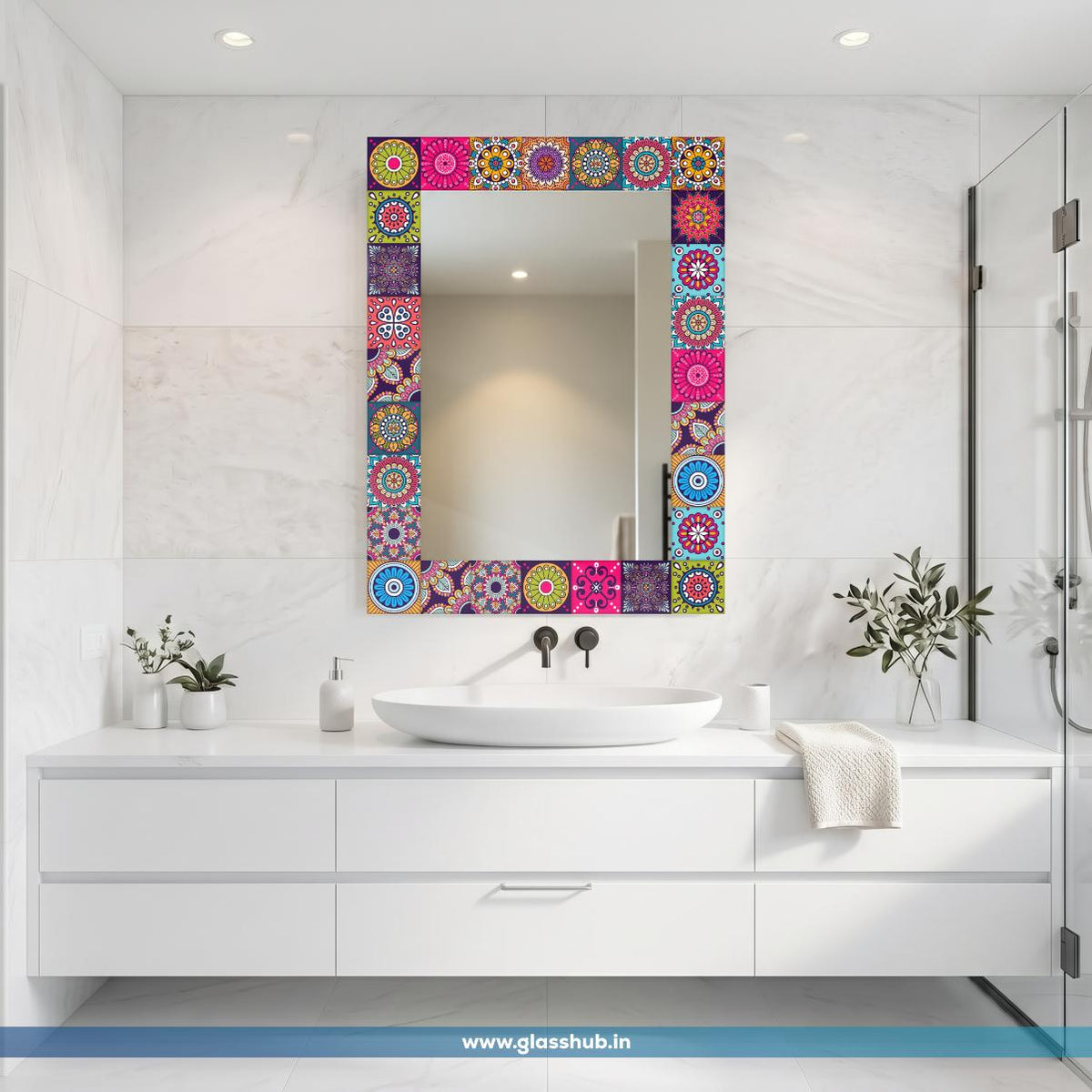 Modern Rectangular Bathroom Vanity Wall Mirror with Colourful Mandala & Bohemian Mosaic Printed Fram