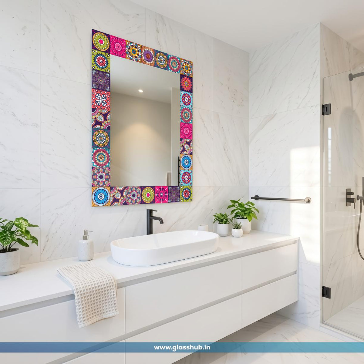 Modern Rectangular Bathroom Vanity Wall Mirror with Colourful Mandala & Bohemian Mosaic Printed Fram