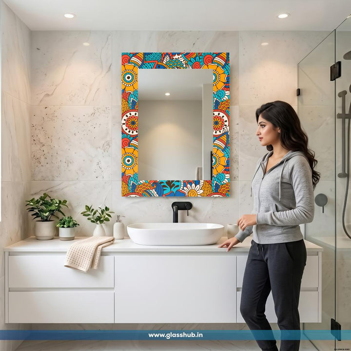 Multicolour Floral Bathroom Vanity Mirror, Decorative Printed Frame Wall Mirror