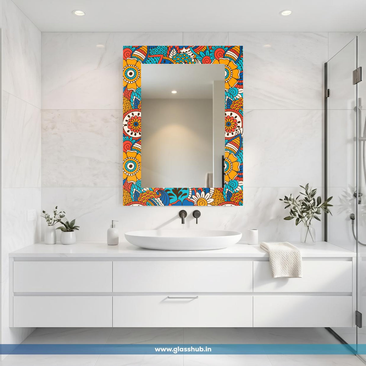 Multicolour Floral Bathroom Vanity Mirror – Decorative Printed Frame Wall Mirror