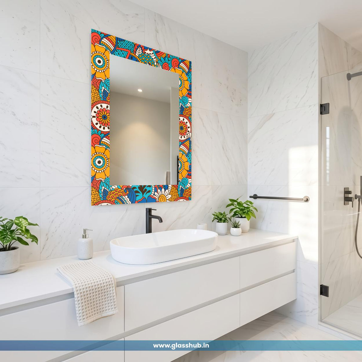 Multicolour Floral Bathroom Vanity Mirror – Decorative Printed Frame Wall Mirror