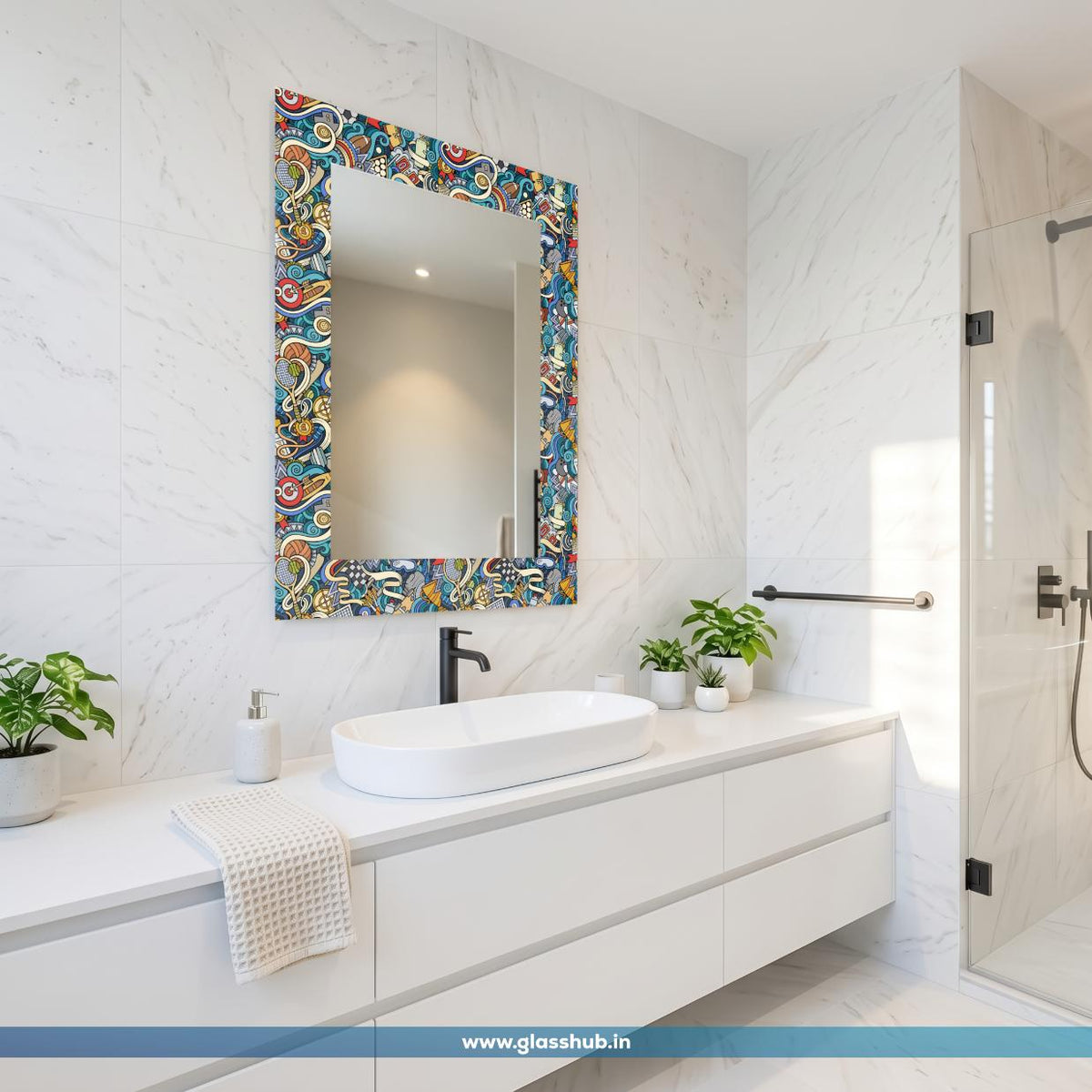 Multicolour Artistic Bathroom Vanity Mirror – Decorative Printed Frame Wall Mirror