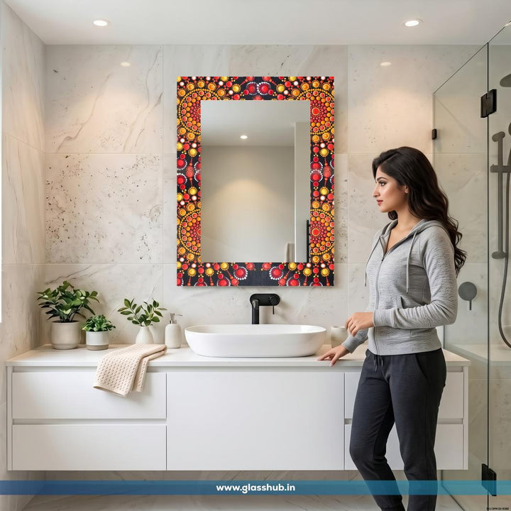 Red and Gold Pattern Bathroom Vanity Mirror, Decorative Black Frame Wall Mirror