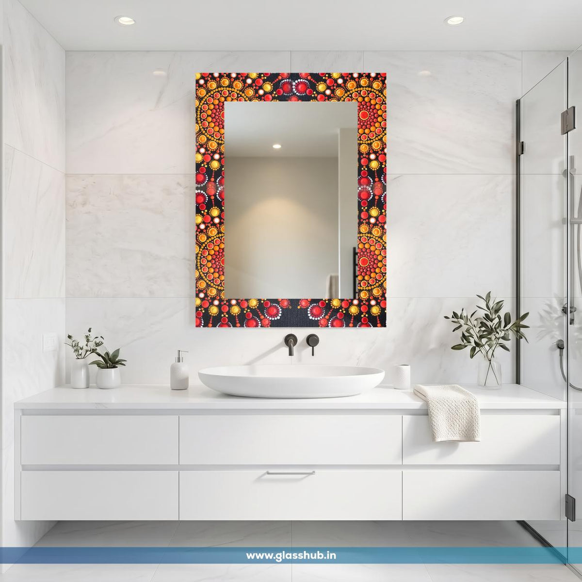 Red and Gold Pattern Bathroom Vanity Mirror – Decorative Black Frame Wall Mirror