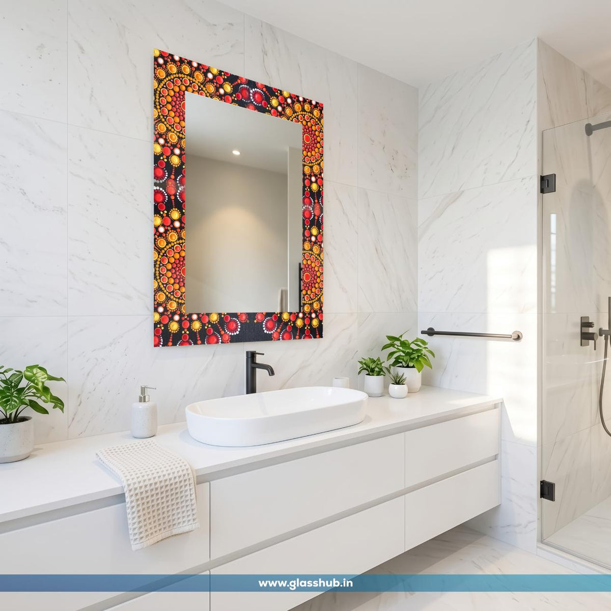 Red and Gold Pattern Bathroom Vanity Mirror – Decorative Black Frame Wall Mirror