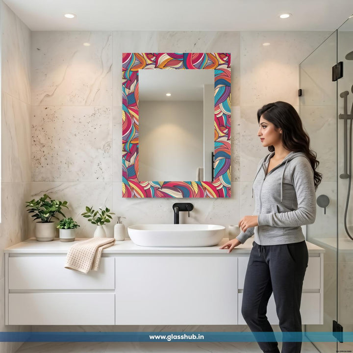 Multicolour Abstract Bathroom Vanity Mirror, Artistic Printed Frame Wall Mirror