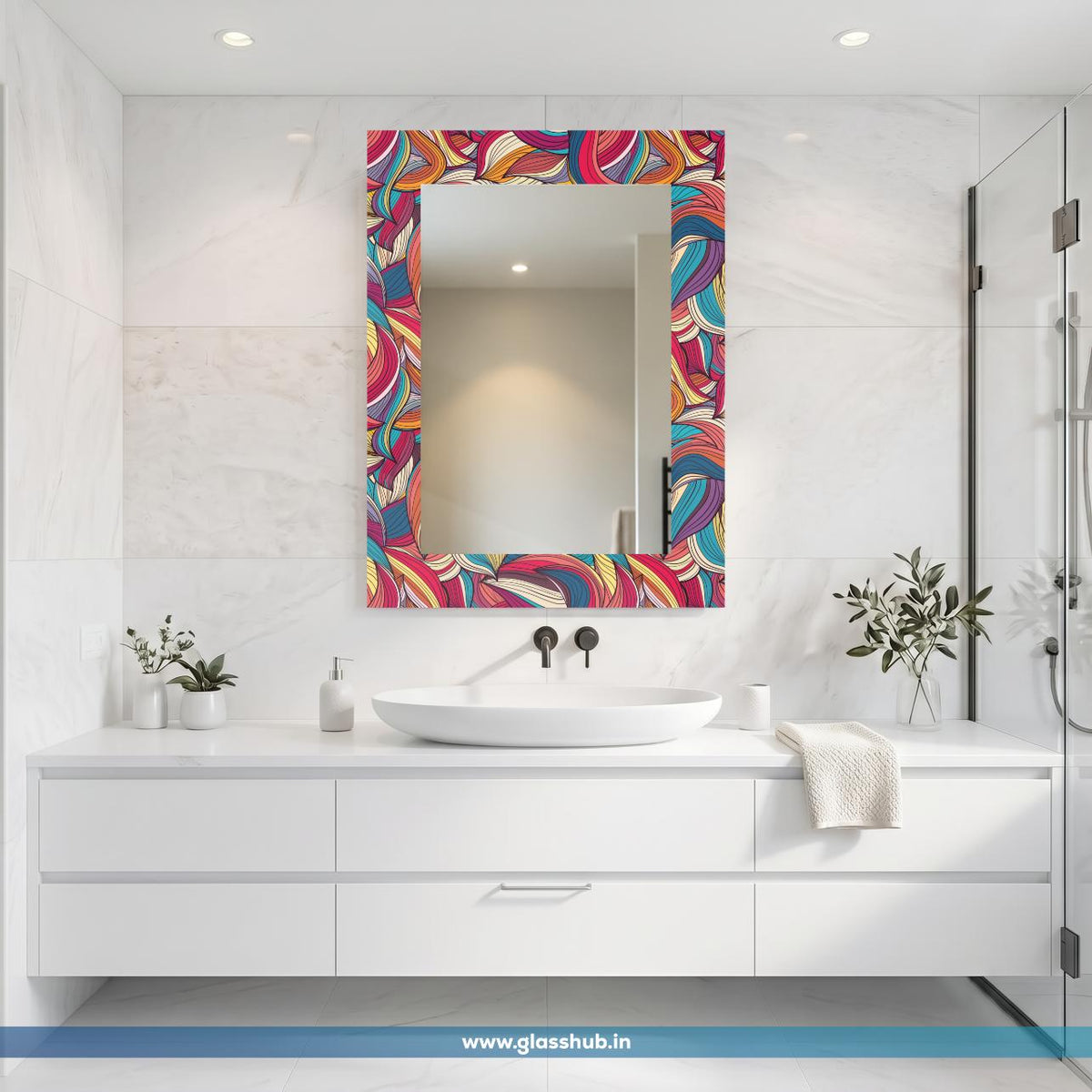Multicolour Abstract Bathroom Vanity Mirror – Artistic Printed Frame Wall Mirror