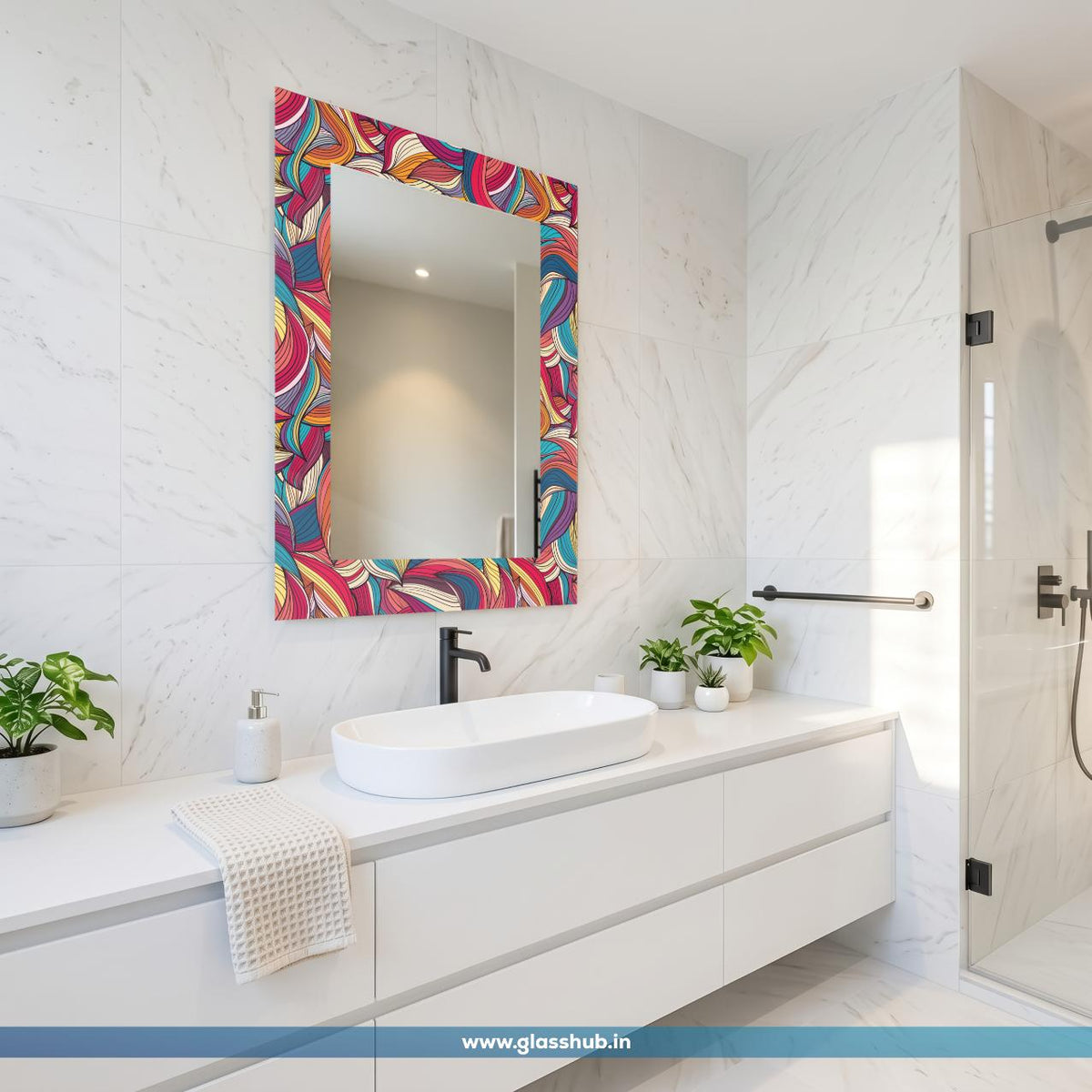 Multicolour Abstract Bathroom Vanity Mirror – Artistic Printed Frame Wall Mirror