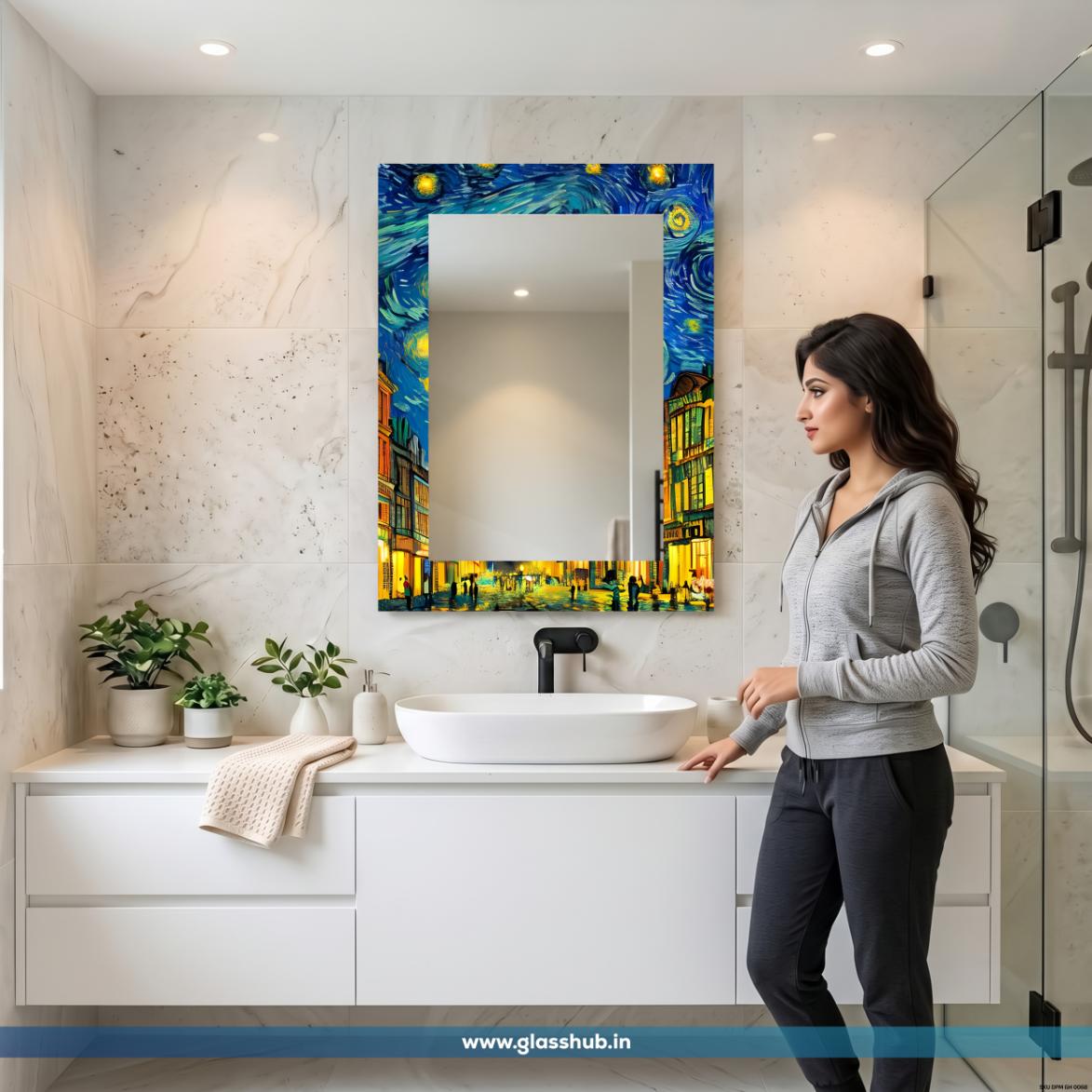 Blue Artistic Bathroom Vanity Mirror – Night Sky and Cityscape Printed Frame Wall Mirror