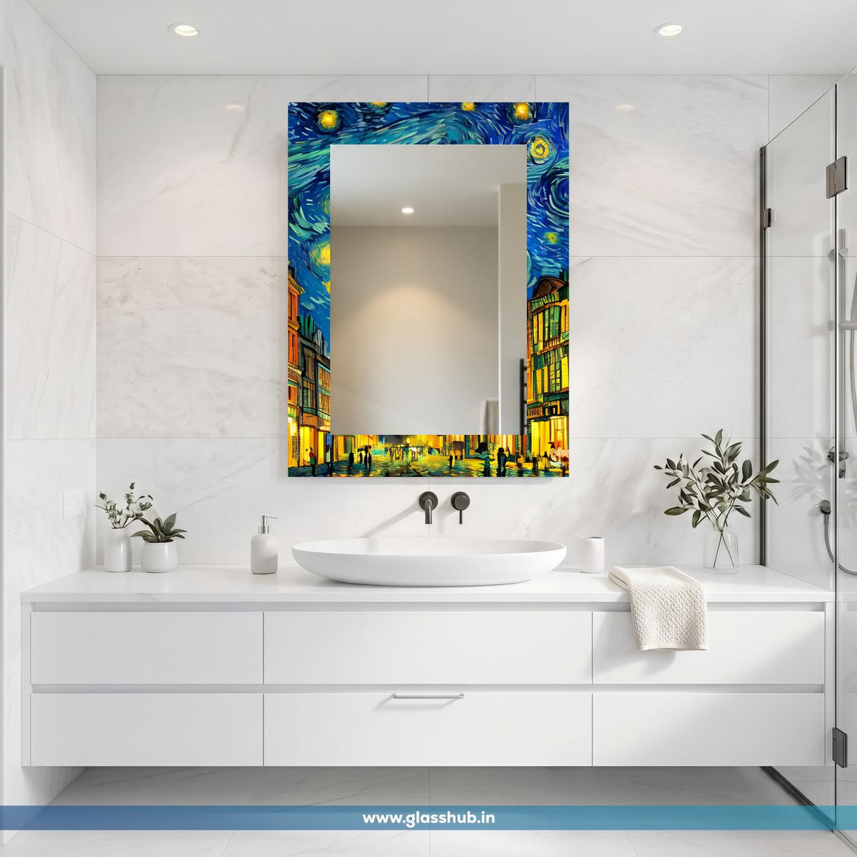 Blue Artistic Bathroom Vanity Mirror – Night Sky and Cityscape Printed Frame Wall Mirror