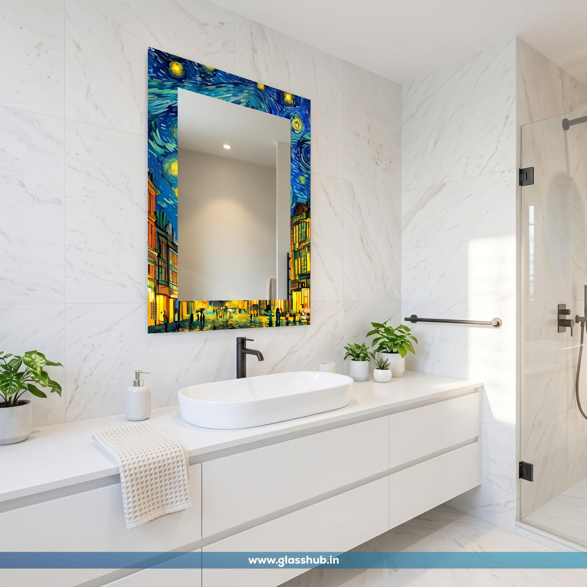 Blue Artistic Bathroom Vanity Mirror – Night Sky and Cityscape Printed Frame Wall Mirror