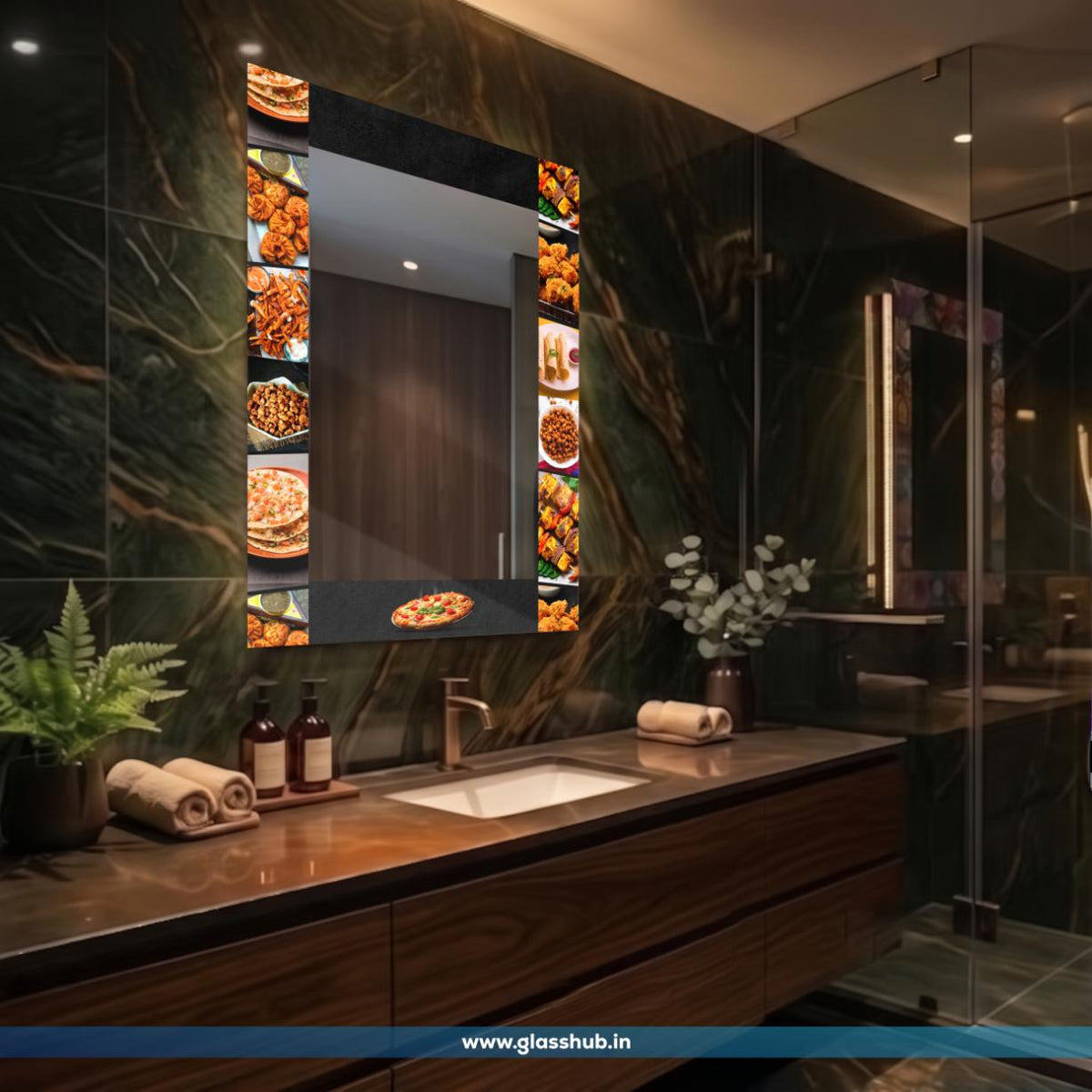 Black Frame Food Print Bathroom Vanity Mirror