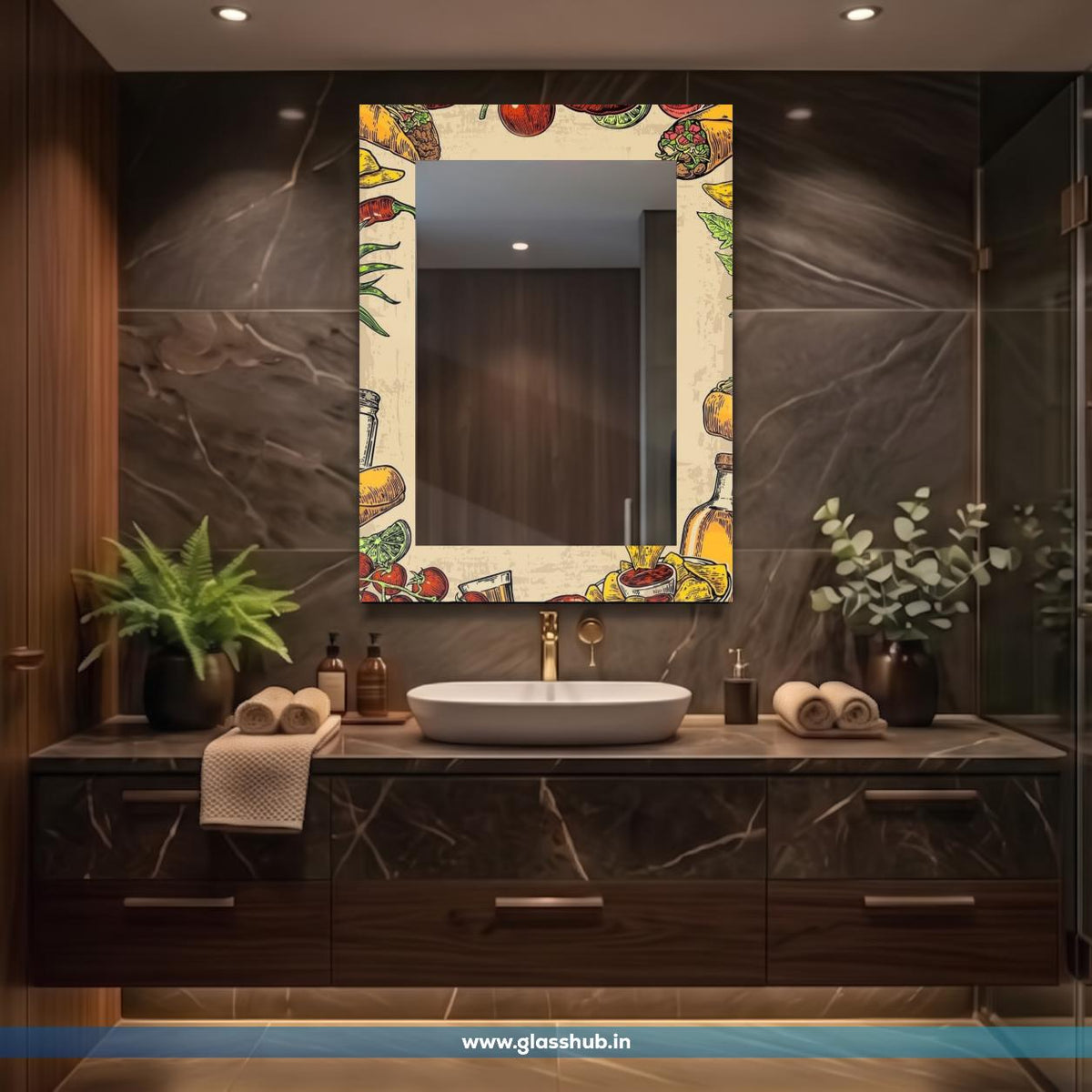 Modern Food-Themed Printed Bathroom Vanity Mirror – Decorative Rectangular Wall Mirror