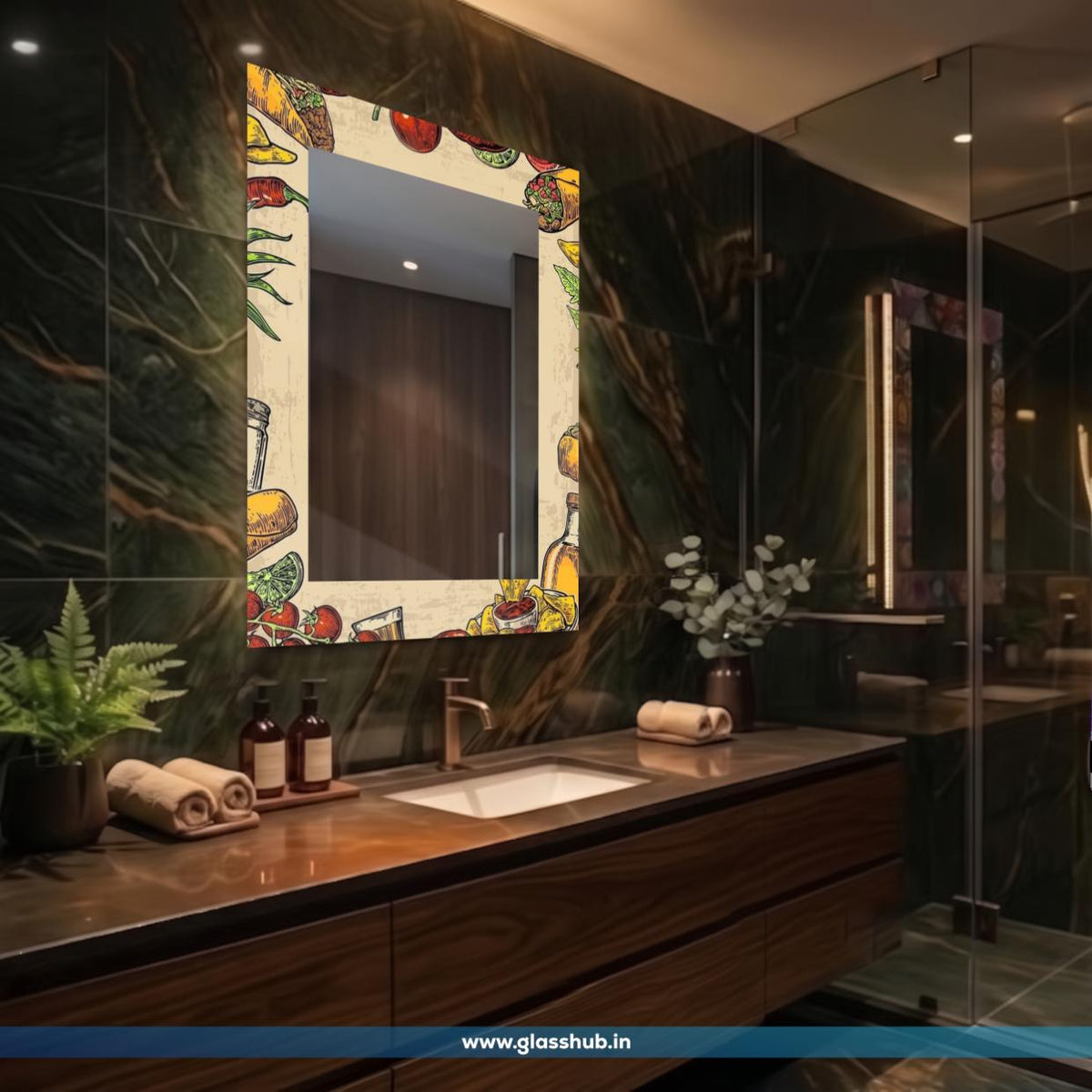 Modern Food-Themed Printed Bathroom Vanity Mirror – Decorative Rectangular Wall Mirror