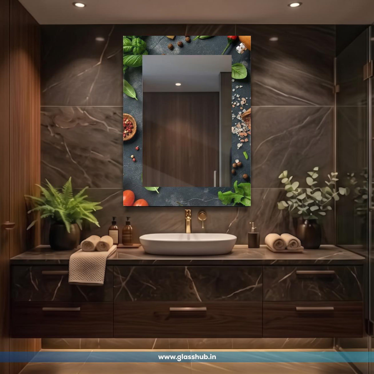 Modern Herb and Spice Printed Bathroom Vanity Mirror – Decorative Rectangular Wall Mirror