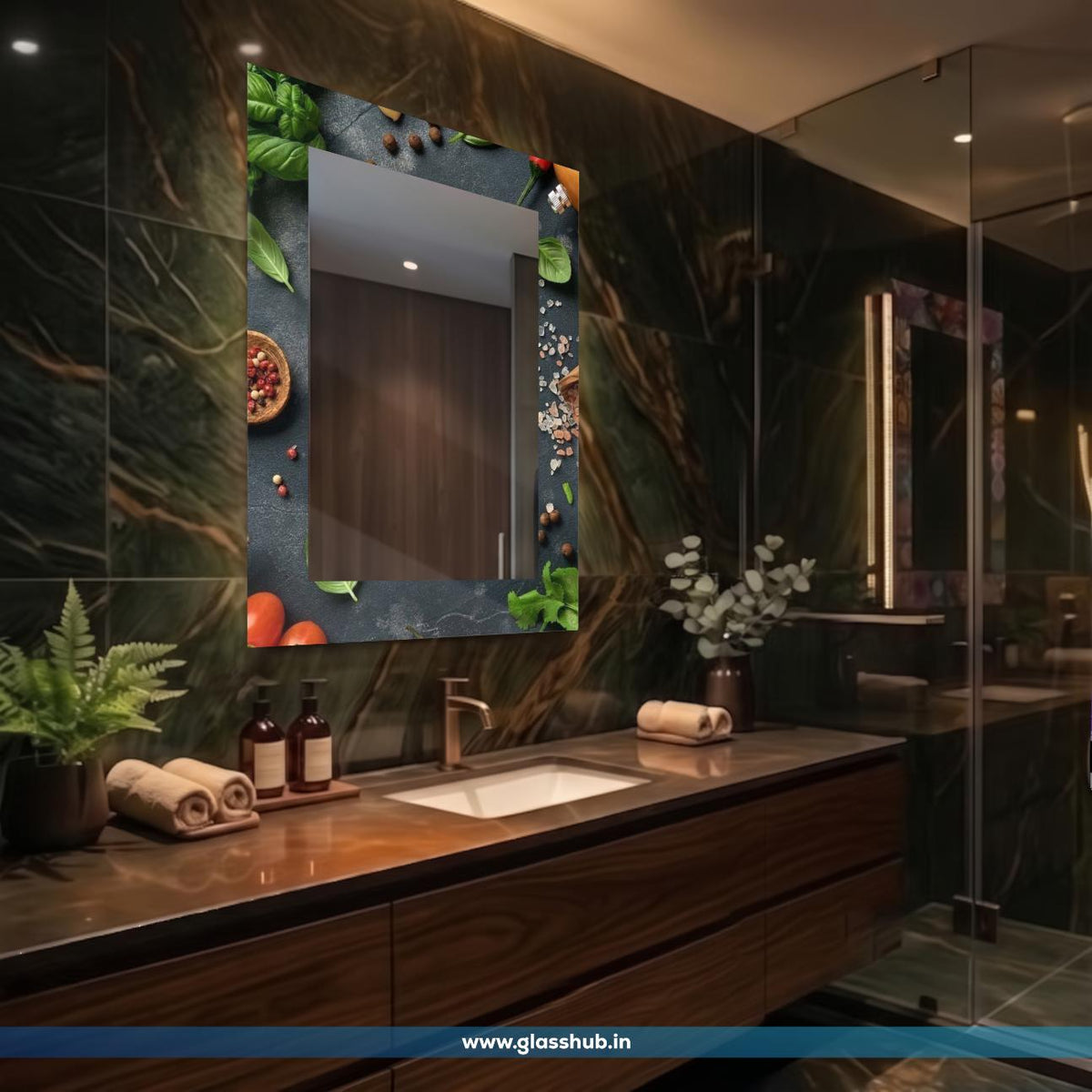 Modern Herb and Spice Printed Bathroom Vanity Mirror – Decorative Rectangular Wall Mirror