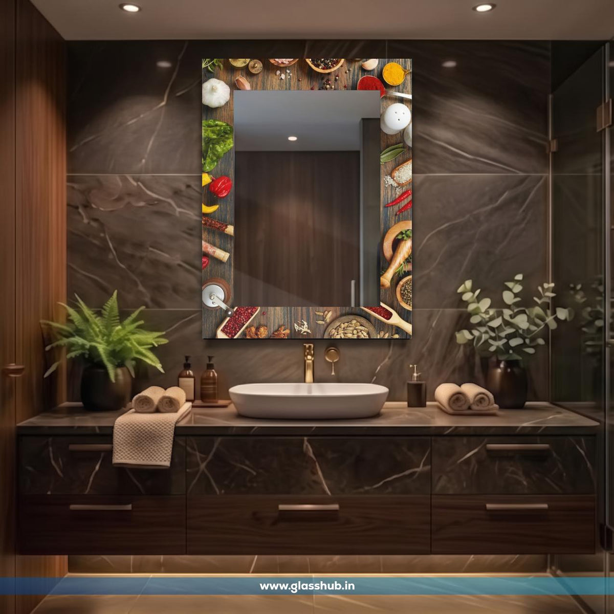 Modern Spice and Ingredient Printed Bathroom Vanity Mirror – Decorative Rectangular Wall Mirror