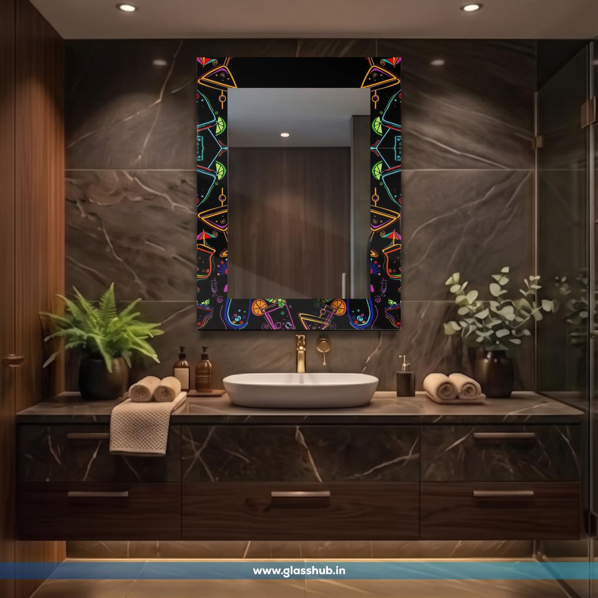 Modern Rectangular Bathroom Vanity Mirror with Colourful Abstract Geometric Printed Frame