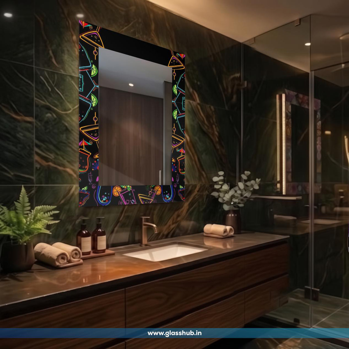 Modern Rectangular Bathroom Vanity Mirror with Colourful Abstract Geometric Printed Frame