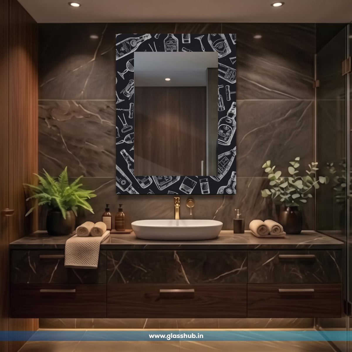 Modern Black and White Beverage Print Decorative Bathroom Vanity Mirror